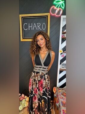 Miao Miao Fashion Wear Floral Maxi Dress with Embroidered Metallic Trim